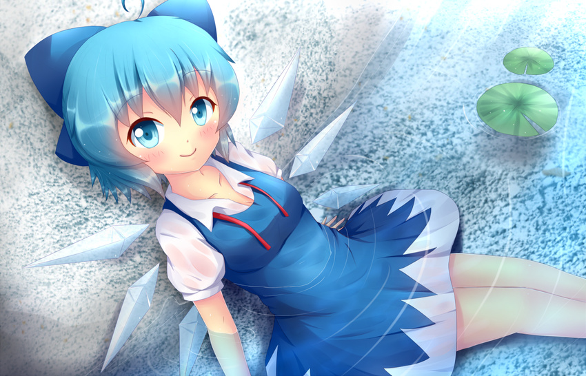 blue_dress blue_eyes blue_hair blush bow cirno collarbone dress hair_bow ice ice_wings kane-neko looking_at_viewer shirt short_sleeves sitting smile solo touhou water wings