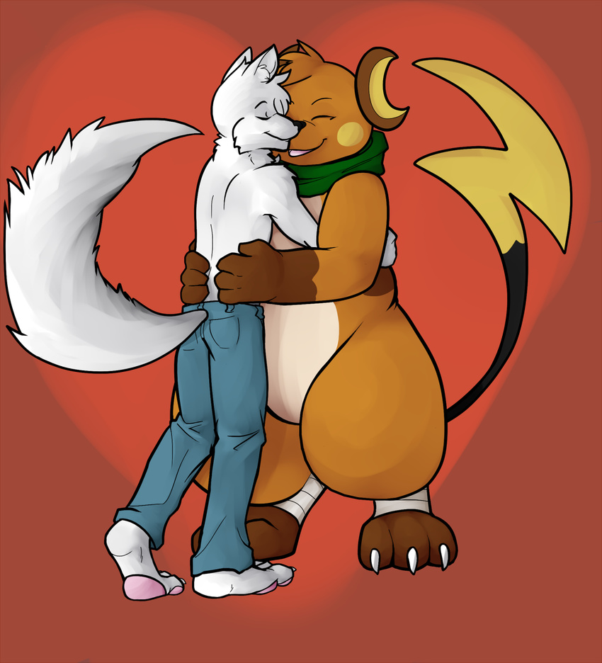 anthro artie canine claws duo eyes_closed fox futonmania hug male mammal nintendo pawpads pok&#233;mon pok&eacute;mon raichu scarf smile sparks_the_raichu toe_claws topless video_games