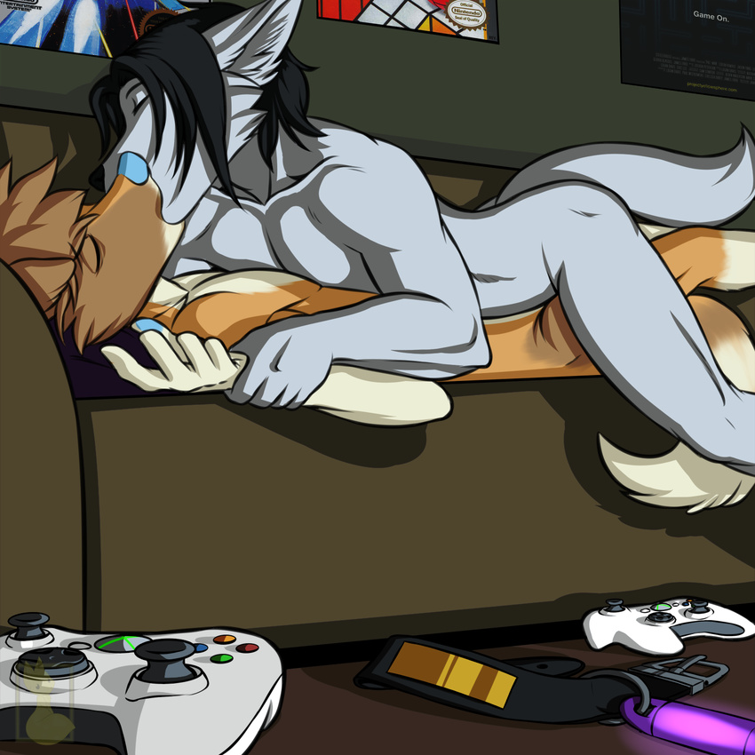 anthro beige_fur belt black_hair black_nose black_skin blue_nose blue_skin brown_fur brown_hair butt button canine controller dog duo english_text eyelashes eyes_closed fur gay glowing glowstick grasp grey_fur hair hi_res husky inside kissing male mammal microsoft muscles nateday nintendo nude on_top pawpads paws pecs poster room shadow shiny short_hair silvertsuki skin sleekgiant sofa tan_fur text uriankitsune video_games xbox xbox_360