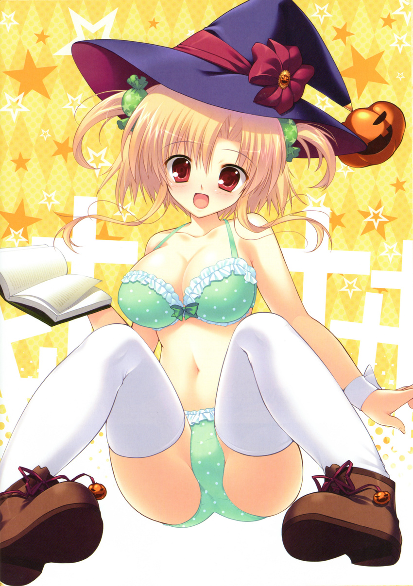 :d absurdres ankle_boots bangs blonde_hair book boots bow bow_bra bra breasts checkered checkered_background cleavage cross cross-laced_footwear crotch floating_hair frilled frilled_panties frills full_body genkai_tokki_monster_monpiece gradient gradient_background green_bra green_panties hair_ornament halftone halftone_background hat hat_bow highres holding holding_book jack-o'-lantern jack_lantern_(genkai_tokki_monster_monpiece) large_breasts looking_at_viewer mikeou open_book open_mouth orange_background panties parted_bangs polka_dot polka_dot_bra polka_dot_panties pumpkin red_eyes short_hair short_hair_with_long_locks sidelocks sitting smile solo spread_legs star starry_background thighhighs two_side_up underwear underwear_only white_legwear witch_hat