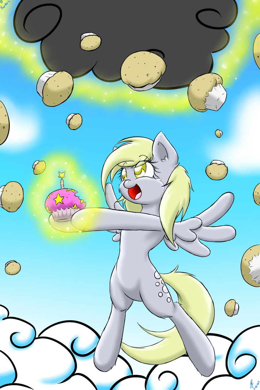 blonde_hair blue_eyes cloud cutie_mark derpy_hooves_(mlp) equine female feral food friendship_is_magic fur glowing grey_fur hair harthric horse long_hair magic mammal muffin my_little_pony open_mouth outside pegasus pony sky smile solo stars tongue wings yellow_eyes