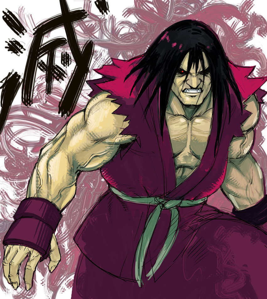abs black_sclera clenched_teeth dark_persona dougi fangs fingerless_gloves gloves glowing glowing_eye gouki highres long_hair male_focus muscle pale_skin pectorals red_eyes red_hair sleeveless solo street_fighter street_fighter_iv_(series) teeth tetsu_(kimuchi) veins