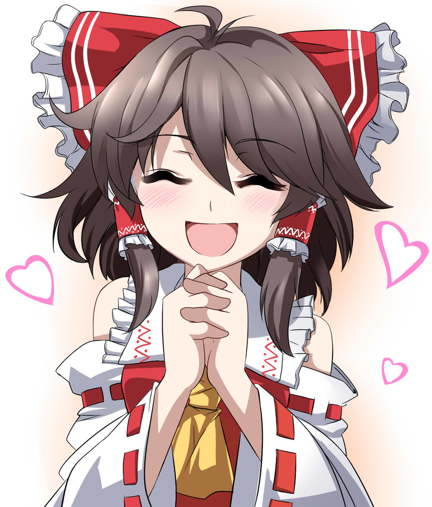 ascot bad_id bad_pixiv_id bare_shoulders blush bow brown_hair closed_eyes detached_sleeves dress e.o. hair_bow hair_tubes hakurei_reimu hands_clasped heart highres interlocked_fingers long_sleeves open_mouth own_hands_together red_dress smile solo touhou upper_body wide_sleeves