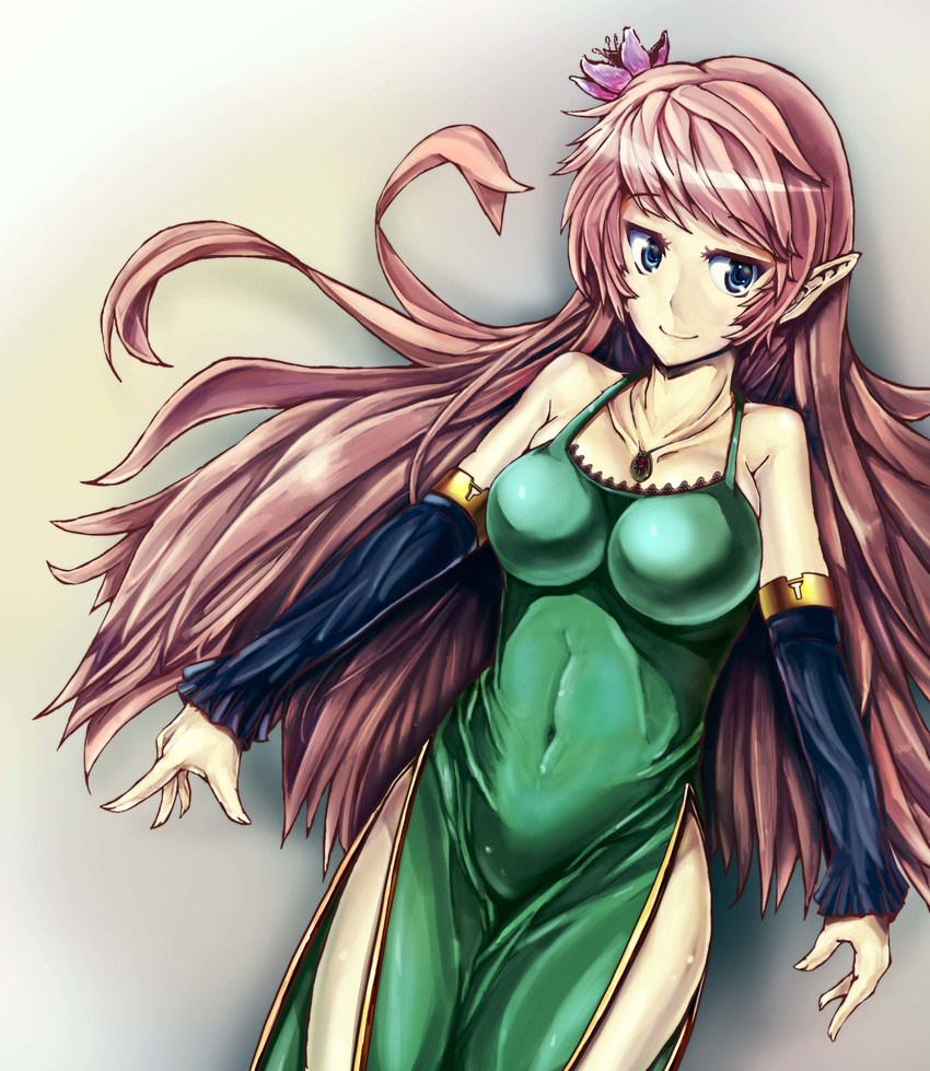 absurdres bad_id bad_pixiv_id blue_eyes breasts detached_sleeves dress elf highres jewelry long_hair medium_breasts necklace original pink_hair pointy_ears smile solo very_long_hair