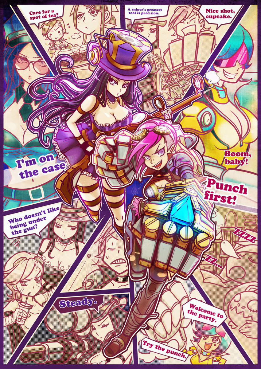aa2233a belt breasts brown_hair caitlyn_(league_of_legends) cleavage collar earrings gauntlets gloves goggles gun hat highres jewelry kog'maw large_breasts league_of_legends long_hair medium_breasts midriff multiple_girls navel pink_hair ranguage rifle short_hair shoulder_pads teemo vi_(league_of_legends) weapon