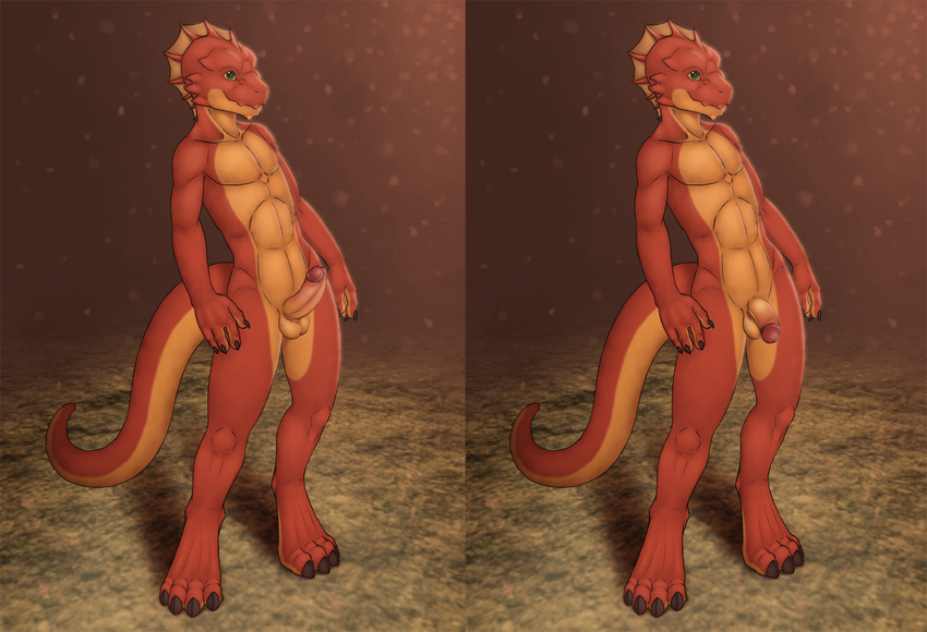 4_toes abs anthro bald balls barefoot chokodonkey claws dragon erection fin green_eyes hi_res lizard male muscles nude orange_nose orange_skin pecs penis pink_penis pink_skin reptile scalie shadow shiny skin solo standing white_eyes