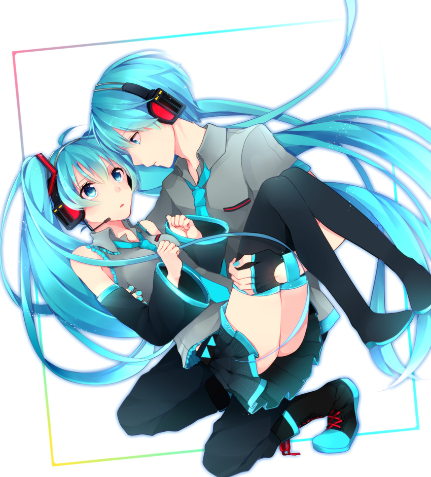 1girl aqua_eyes aqua_hair boots carrying detached_sleeves eye_contact fingerless_gloves genderswap genderswap_(ftm) gloves hatsune_miku hatsune_mikuo headset highres long_hair looking_at_another nail_polish necktie princess_carry skirt thigh_boots thighhighs twintails very_long_hair vocaloid zaki127