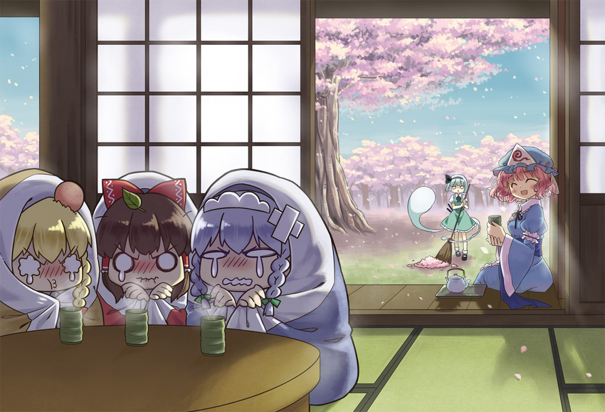 arm_ribbon blanket blonde_hair blue_dress blue_sky blush bow braid broom brown_hair cherry_blossoms closed_eyes cup day dress green_dress hair_bow hair_ribbon hakurei_reimu hat head_bump izayoi_sakuya kirisame_marisa konpaku_youmu konpaku_youmu_(ghost) leaf leaf_on_head long_sleeves maid maid_headdress multiple_girls o_o open_door open_mouth petals pink_hair pout puffy_sleeves ribbon saigyouji_yuyuko shirt short_sleeves silver_hair sitting sky smile table tatami teapot tears touhou tray tree triangular_headpiece twin_braids veil veranda wavy_mouth wide_sleeves yui_(daijun) yunomi