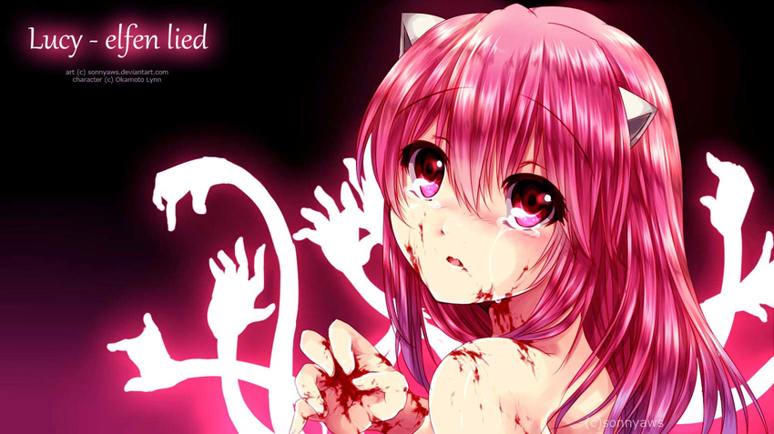 blood elfen_lied horns long_hair looking_at_viewer lucy nude open_mouth pink_eyes pink_hair red_eyes solo sonnyaws vectors