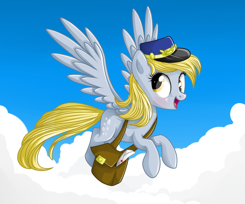 bag blonde_hair cutie_mark derpy_hooves_(mlp) equine female feral friendship_is_magic fur grey_fur hair long_hair looking_back mail mammal my_little_pony open_mouth outside pegasus sapeginamoon sky smile solo tongue wings yellow_eyes
