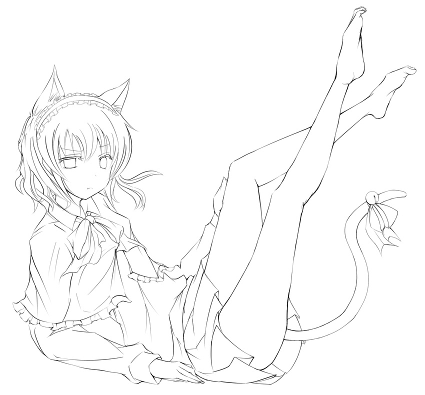 alice_margatroid animal_ears bell cat_ears cat_tail extra_ears greyscale highres jingle_bell kemonomimi_mode looking_at_viewer monochrome short_hair skirt solo tail touhou yosuke
