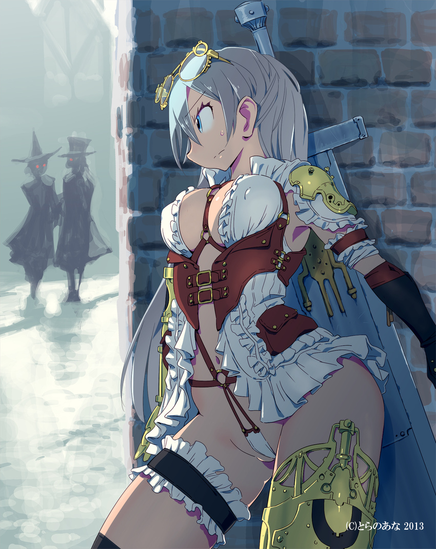 2013 against_wall bare_shoulders blue_eyes blush breasts character_request cowboy_shot eyewear_on_head fingerless_gloves glasses gloves greatsword harem_gain hiding highres huge_weapon large_breasts leg_garter long_hair mechanical_arm official_art revealing_clothes silver_hair single_thighhigh solo sweatdrop sword thighhighs underbust watermark weapon zasha
