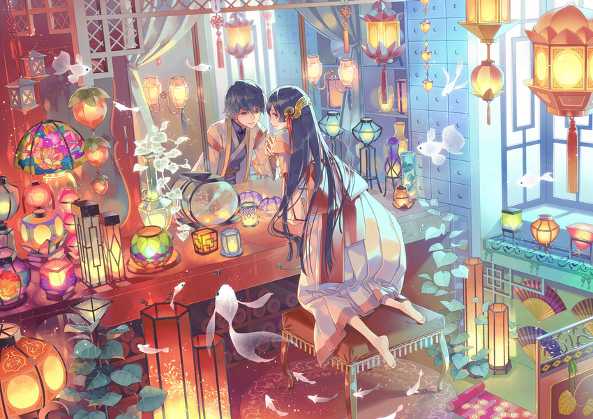 1girl architecture arm_support barefoot chinese_clothes colorful curtains den_(itokiitoki) different_reflection drawer dual_persona east_asian_architecture egasumi fabric fan fish fishbowl flying_fish folding_fan from_behind genderswap hairband high_collar highres indoors ivy japanese_clothes kneeling lamp lampion lampshade lantern lattice leaf light_particles light_smile long_hair looking_at_viewer looking_back mirror original paper_fan pointy_hair purple_eyes purple_hair reflection ribbon sash scroll short_hair soles stool tassel touching vase very_long_hair window