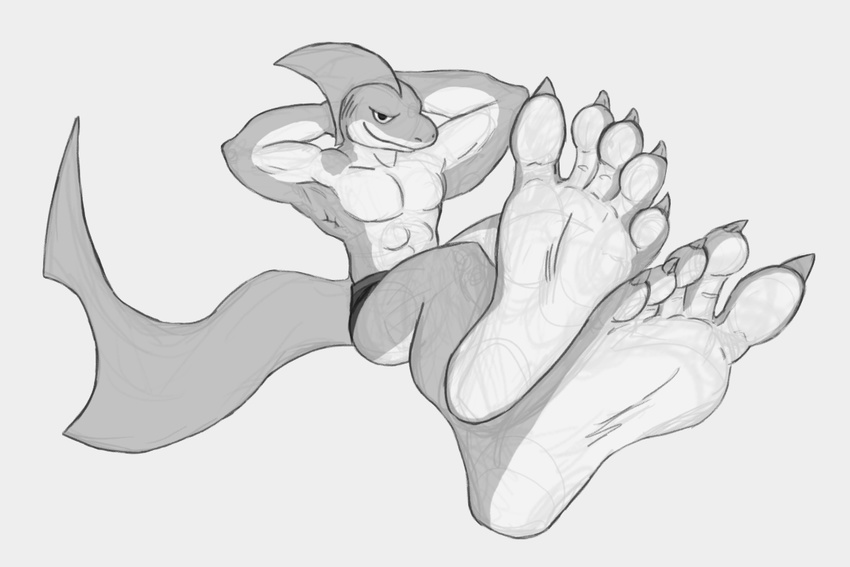 5_toes abs anthro arms_behind_head barefoot ben_the_dragon biceps claws fin fish flexing foot_focus grin hindpaw human_feet male marine monochrome muscles paws pecs plain_background plantigrade pose scales shark simple_background sitting smile soles solo toe_claws toes topless white_background