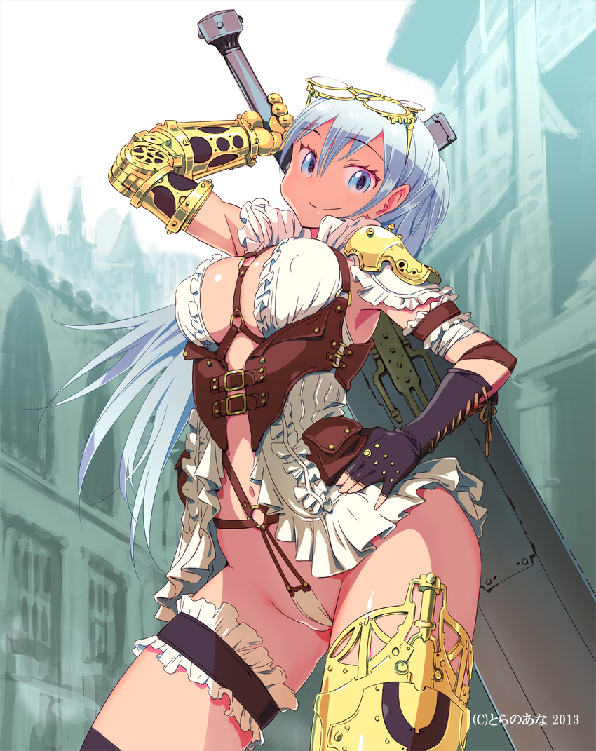 2013 bare_shoulders blue_eyes blush breasts character_request cowboy_shot eyewear_on_head fingerless_gloves glasses gloves greatsword hand_on_hip harem_gain highres huge_weapon large_breasts leg_garter long_hair mechanical_arm navel official_art partially_visible_vulva revealing_clothes silver_hair single_thighhigh smile solo sword thighhighs underbust watermark weapon zasha