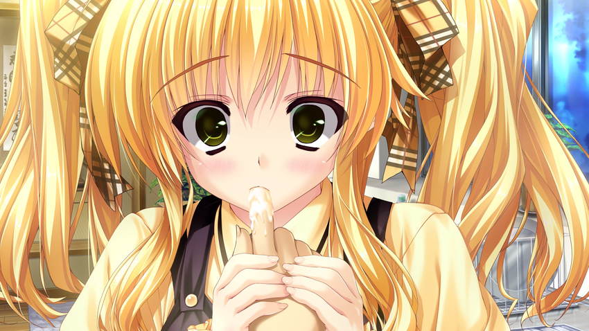 blonde_hair blush clochette game_cg green_eyes prism_recollection ribbons shintaro uisaki_hinano