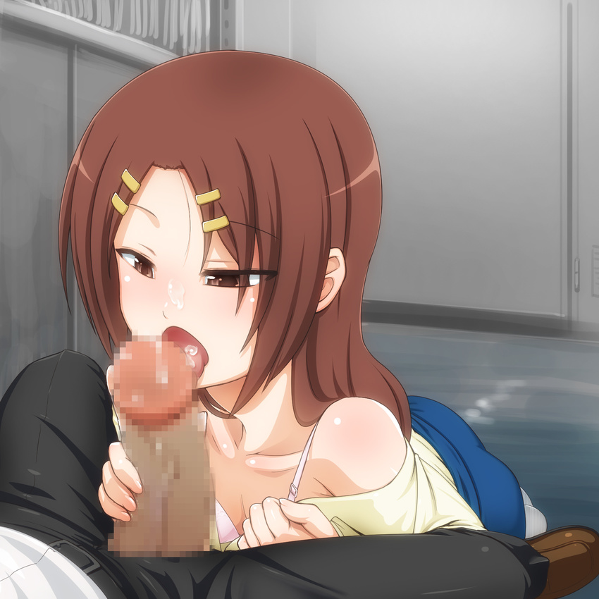 bare_shoulders blush brown_eyes brown_hair censored chihaya_megumi cum cum_in_mouth fellatio hair_ornament hairclip handjob highres licking long_hair mosaic_censoring off_shoulder open_mouth oral penis petite servant_x_service short_hair takeda_yukimura tongue