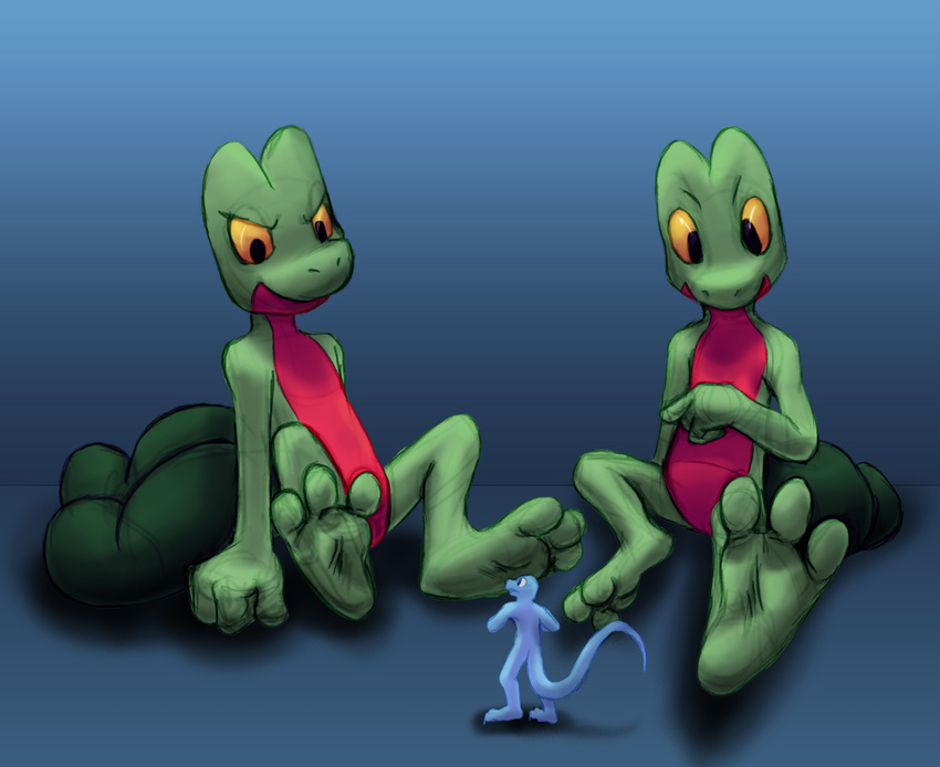 3_toes ben_the_dragon blue_background blue_body gradient_background group hindpaw nintendo paws plain_background pok&#233;mon pok&eacute;mon simple_background size_difference smile soles treecko video_games yellow_eyes