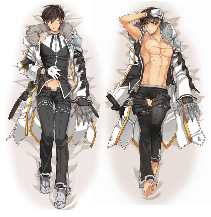 1boy black_hair elsword eyes_closed gloves highres jacket limble looking_at_viewer lying male male_focus open_clothes pixiv_manga_sample raven_(elsword) resized shoes sleeping underwear