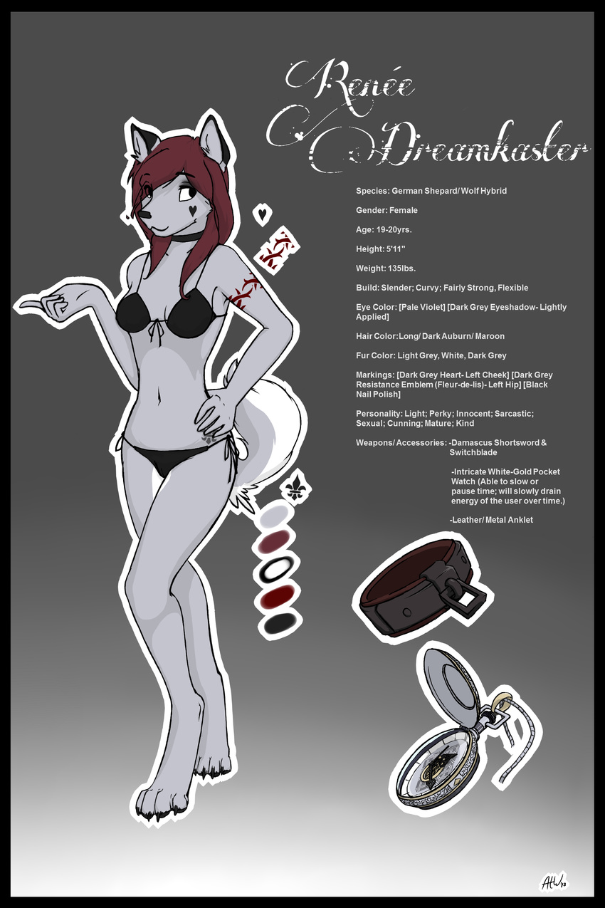 &lt;3 a_traveling_wolf anthro bikini bracelet breasts canine clothing collar dog english_text female fleur-de-lis fleur_de_lis german_shepherd hair jewelry long_hair looking_at_viewer mammal model_sheet paws pocket_watch renee_dreamkaster smile solo swimsuit tattoo text watch wolf