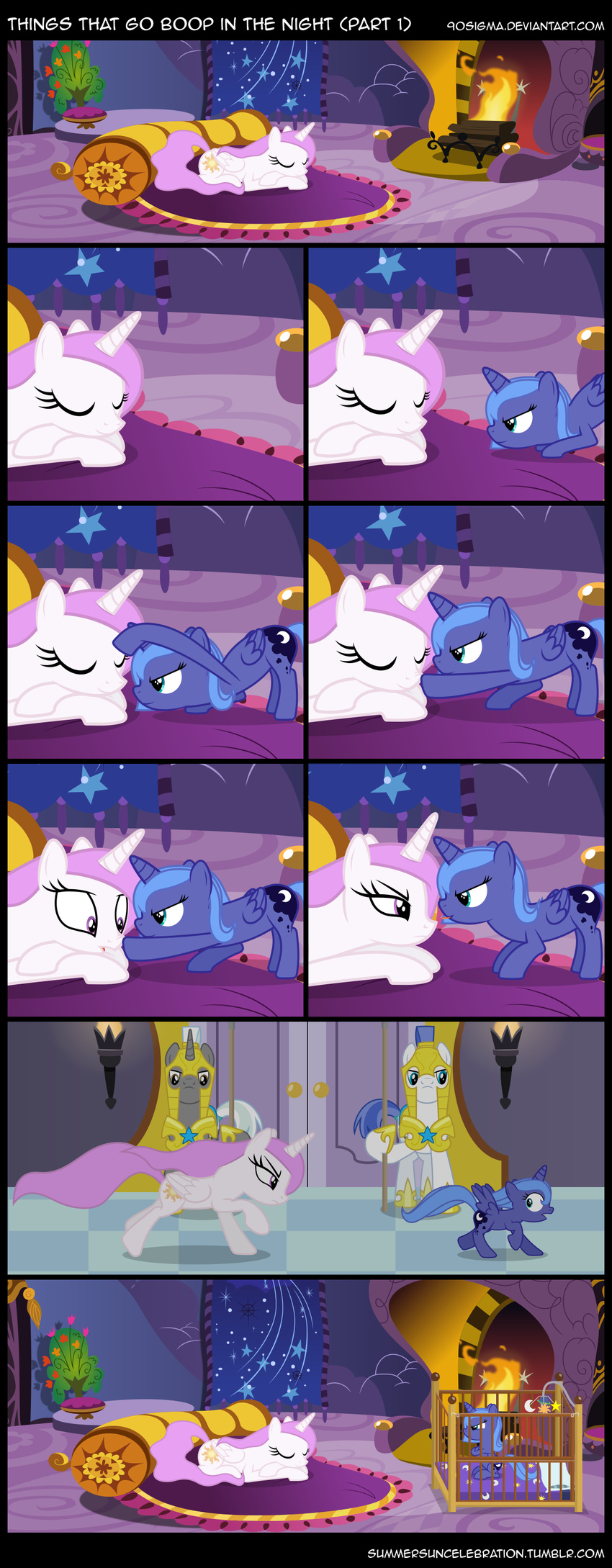 90sigma blue_hair boop crib crossed_arms cub cute cutie_mark equine female feral fire fireplace friendship_is_magic fur hair hi_res horn horse long_hair mammal my_little_pony open_mouth pillow pony princess_celestia_(mlp) princess_luna_(mlp) royalty smile winged_unicorn wings wood young