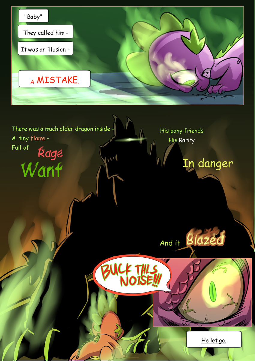 claws comic cracks dialog dogz777 dragon english_text fangs feral friendship_is_magic frown glowing glowing_eyes green_eyes hair long_hair looking_at_viewer male my_little_pony open_mouth scalie spike_(mlp) teeth text