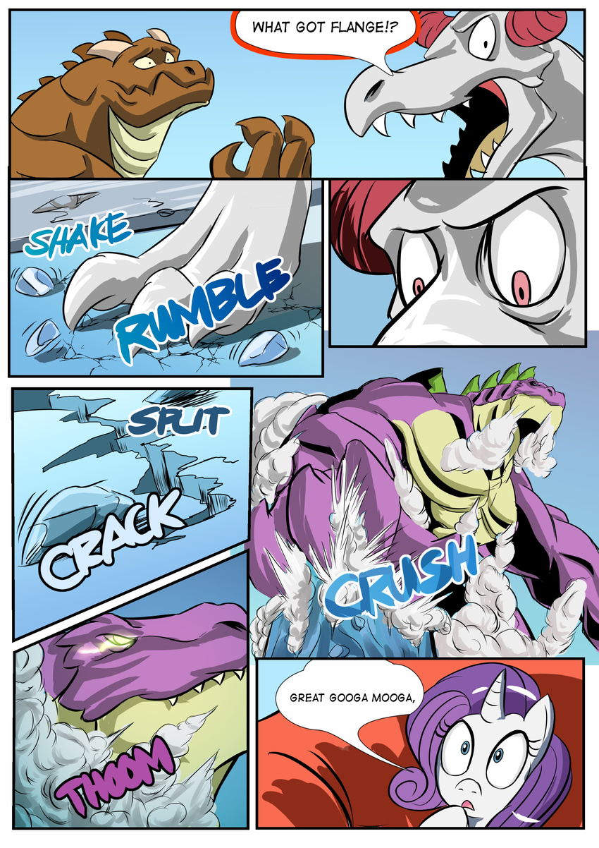 comic cracks dialog dogz777 dragon english_text equine explosion female feral friendship_is_magic glowing glowing_eyes green_eyes group hair horn horse long_hair looking_at_viewer looking_back male mammal my_little_pony open_mouth pony purple_hair rarity_(mlp) red_eyes rubble scalie smoke spike_(mlp) spikes teeth text toe_claws unicorn