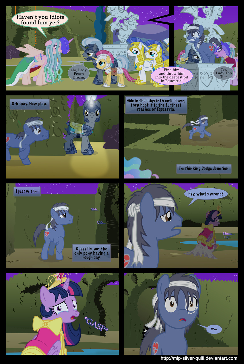 armor bag bandage brown_eyes clothing comic crown cutie_mark dress equine female feral first_aid friendship_is_magic gold hair hedge helmet hiding horn horse light male mammal maze mlp-silver-quill multi-colored_hair my_little_pony night pegasus pony princess_celestia_(mlp) purple_hair royal_guard_(mlp) sculpture statue twilight_sparkle_(mlp) unicorn wet wet_hair winged_unicorn wings yellow_eyes