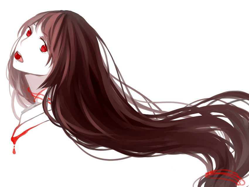 blood brown_hair head_tilt highres long_hair mouth_hold original red_eyes solo string wallpaper white_background youli_(yori)