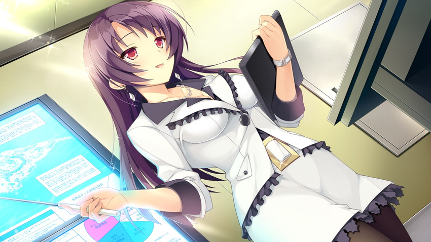 1girl fujita_konomi game_cg jewelry koi_saku_miyako_ni_ai_no_yakusoku_wo_~annaffiare~ long_hair natsume_eri necklace notepad pantyhose pink_eyes purple_hair skirt