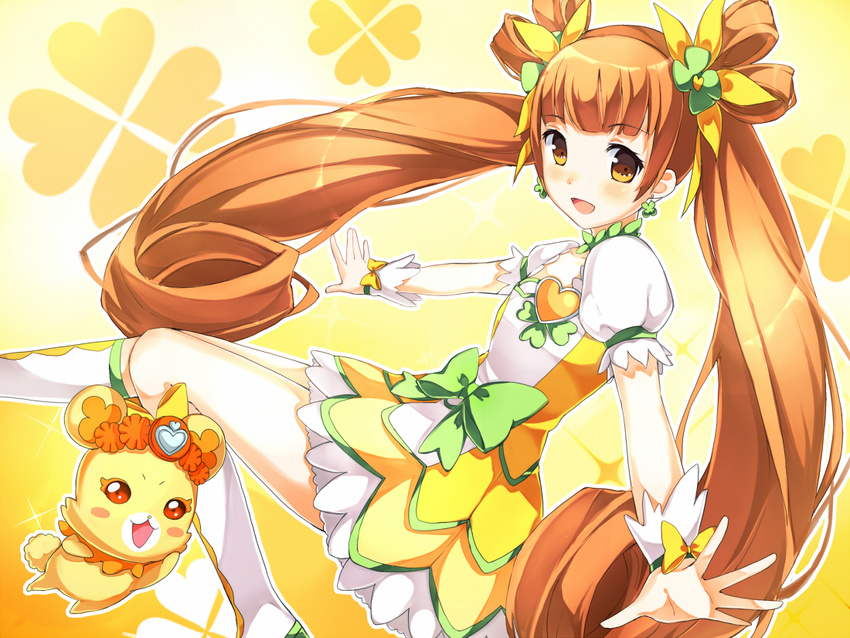 :d blush choker clover clover_hair_ornament cure_rosetta dokidoki!_precure four-leaf_clover four-leaf_clover_hair_ornament green_choker hair_ornament nimame_(chickbeans) open_mouth orange_eyes orange_hair outstretched_arms outstretched_hand precure rance_(dokidoki!_precure) smile solo twintails yotsuba_alice