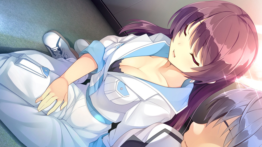 1girl bra breasts cleavage eyes_closed fujita_konomi game_cg koi_saku_miyako_ni_ai_no_yakusoku_wo_~annaffiare~ long_hair natsume_eri purple_hair underwear