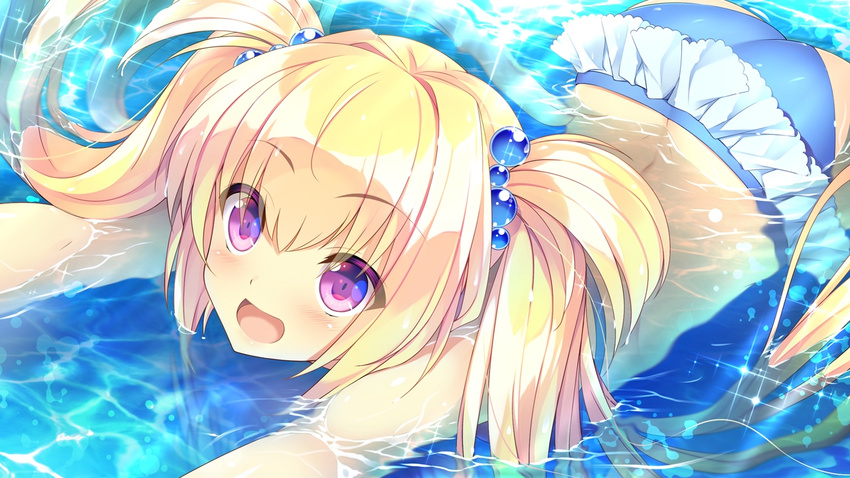 1girl blonde_hair blush game_cg koi_saku_miyako_ni_ai_no_yakusoku_wo_~annaffiare~ long_hair natsume_eri purple_eyes swimsuit tsuji_kokoro twintails water