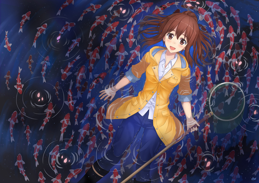 afloat animal blush boots brown_eyes brown_hair cherry_blossoms dress_shirt fish fishing_net from_behind hand_net highres jacket koi net npcpepper open_mouth original pants petals ponytail ripples rubber_boots shirt smile solo water