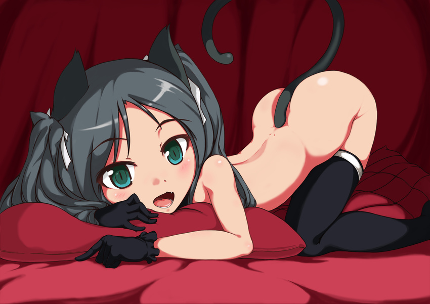 absurdres animal_ears black_gloves black_hair black_legwear blush cat_ears cat_tail fang francesca_lucchini gloves green_eyes hair_ribbon highres liu_feng_jing long_hair looking_at_viewer lying nude on_stomach open_mouth pillow ribbon slit_pupils solo strike_witches tail thighhighs twintails world_witches_series