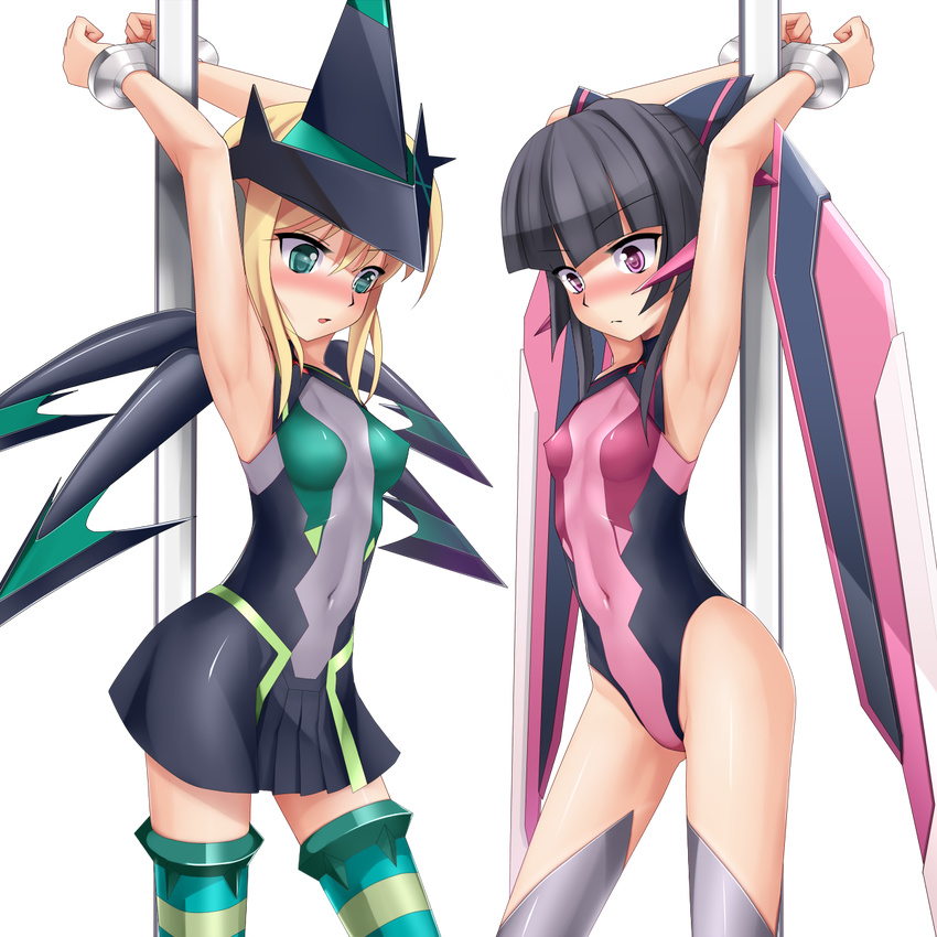 akatsuki_kirika armpits arms_up bangs bdsm black_hair blonde_hair blush bodysuit bondage bound breasts covered_navel cuffs eto green_eyes handcuffs highres leotard long_hair multiple_girls open_mouth pink_leotard purple_eyes restrained scared senki_zesshou_symphogear short_hair small_breasts thighhighs tsukuyomi_shirabe