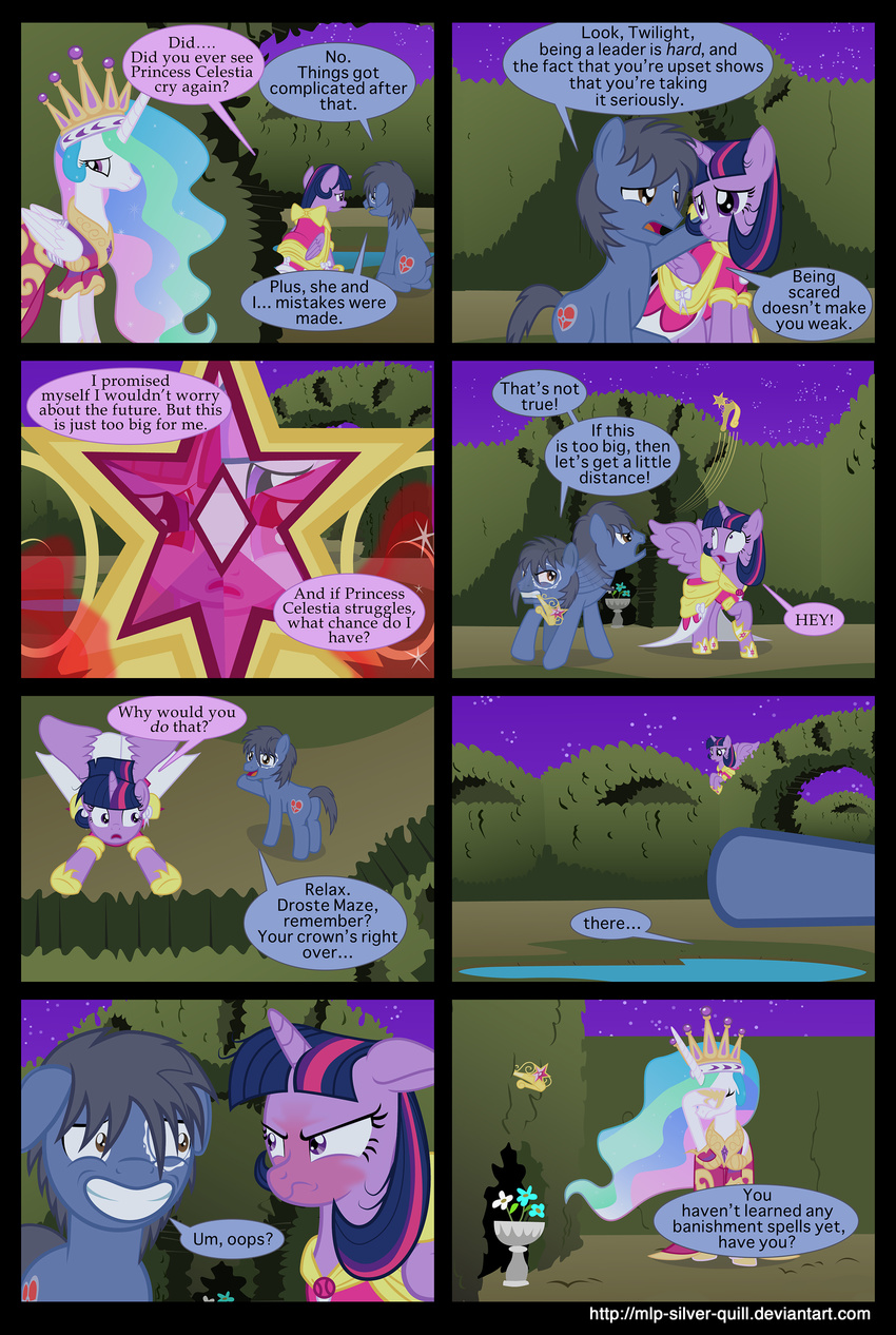 clothed clothing comic crown cutie_mark dialog dress english_text equine female feral flower flying friendship_is_magic frown fur hair horn horse humor long_hair looking_back male mammal mlp-silver-quill multi-colored_hair my_little_pony open_mouth original_character outside pony princess princess_celestia_(mlp) purple_eyes purple_fur purple_hair royalty shocked sitting sky smile stars teeth text tongue twilight_sparkle_(mlp) white_fur winged_unicorn wings