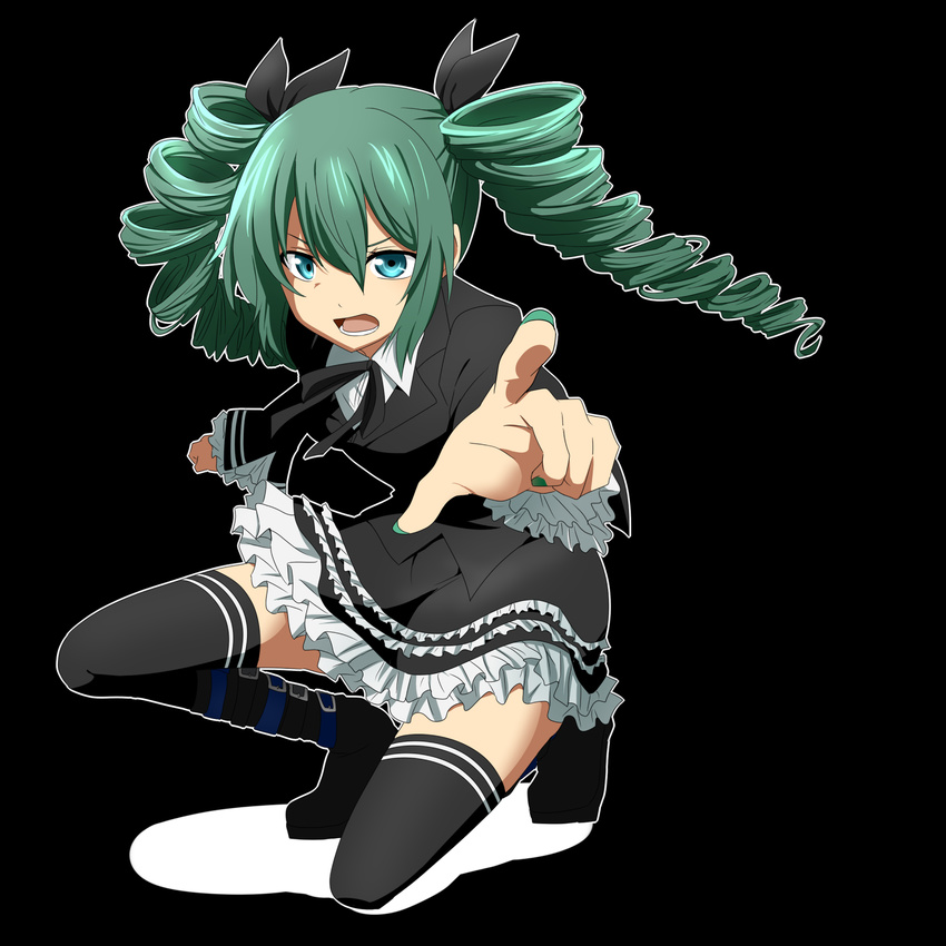 alternate_costume alternate_hairstyle aqua_eyes black_legwear dark_angel_(module) drill_hair green_hair hair_ribbon hatsune_miku highres himitsu_keisatsu_(vocaloid) jacket long_hair long_sleeves looking_at_viewer one_knee open_mouth petticoat pointing pointing_at_viewer project_diva_(series) project_diva_f ribbon rumia_(compacthuman) shirt skirt skirt_set solo thighhighs twin_drills twintails vocaloid zettai_ryouiki