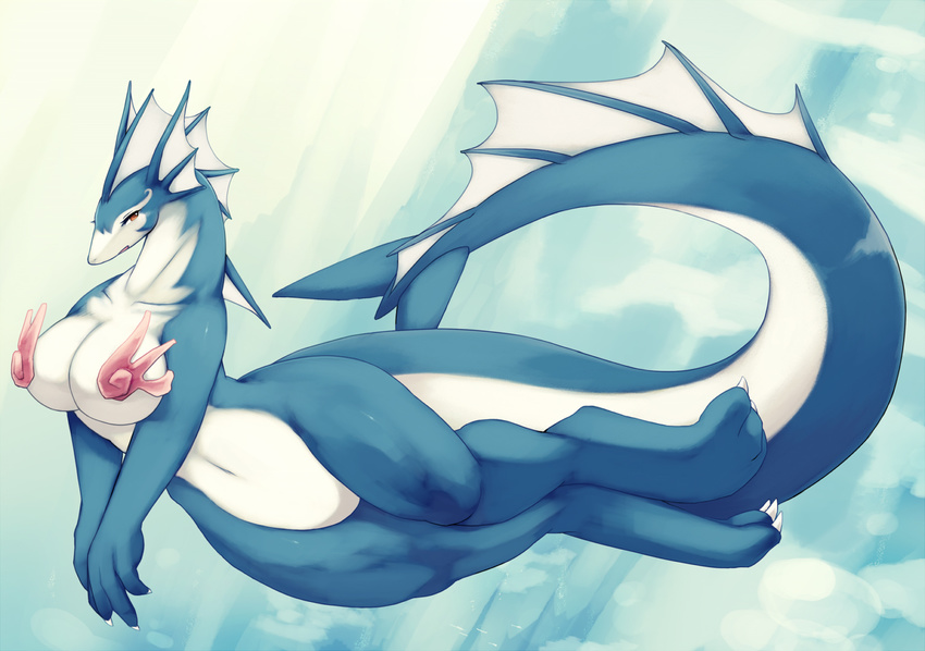 anthro big_breasts big_tail bottomless breasts claws clothed clothing dragon female floating huge_breasts looking_at_viewer midriff mrsk navel nude open_mouth orange_eyes pinup pose scalie sea_dragon skimpy solo underwater water