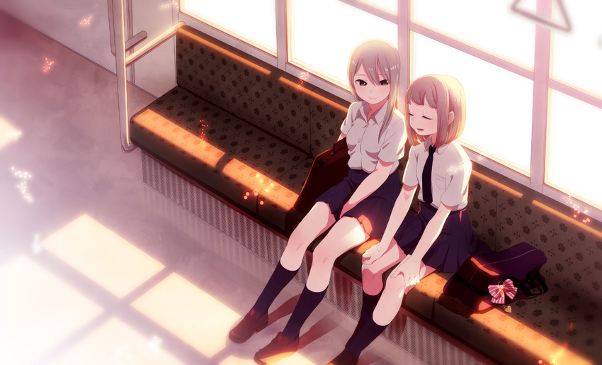 bag black_legwear blonde_hair bow brown_eyes closed_eyes handbag highres kneehighs multiple_girls musco necktie original school_uniform shoes sitting skirt smile train_interior window