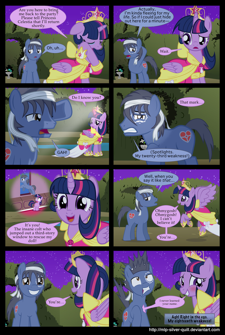 bandage blush brown_eyes clothing comic crown crying cutie_mark dialog dress duo english_text equine female feral flashback friendship_is_magic gold hair heartbroken hedge horn horse light male mammal maze mlp-silver-quill my_little_pony night original_character outside pony purple_eyes purple_hair stars tears text twilight_sparkle_(mlp) upset winged_unicorn wings young