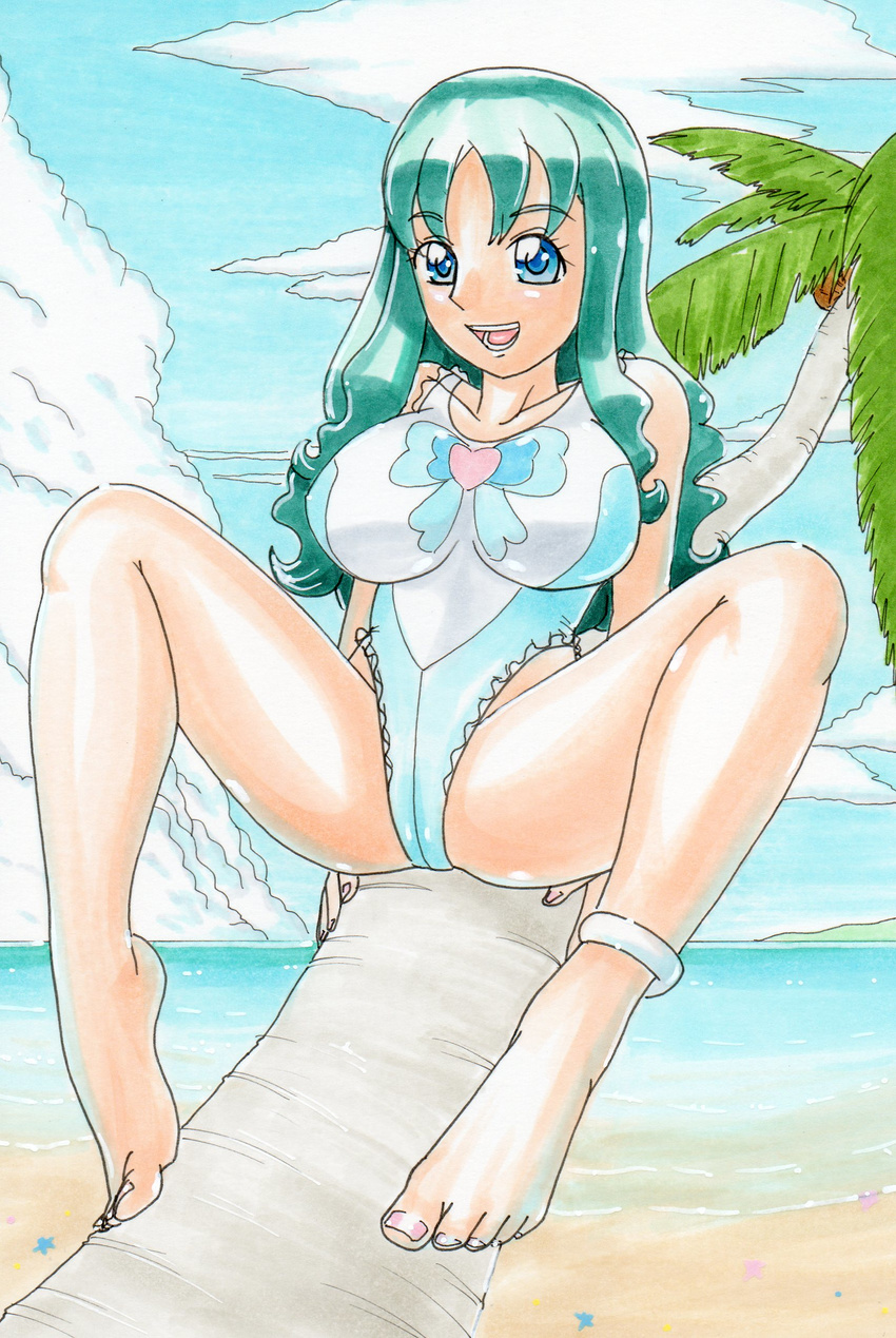 absurdres anklet bad_id bad_pixiv_id barefoot beach blue_eyes blue_hair blue_sky breasts casual_one-piece_swimsuit cloud day hayami_jin heartcatch_precure! highleg highleg_swimsuit highres jewelry kurumi_erika large_breasts long_hair older one-piece_swimsuit open_mouth palm_tree precure sand sky smile solo swimsuit traditional_media tree water