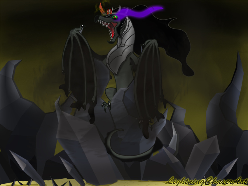 black_hair claws crown dragon eye_mist fangs feral friendship_is_magic green_eyes hair horn king_sombra_(mlp) lightning_chaser_(artist) long_hair male my_little_pony open_mouth outside red_eyes reptile rock rocks scalie solo teeth toe_claws tongue wings