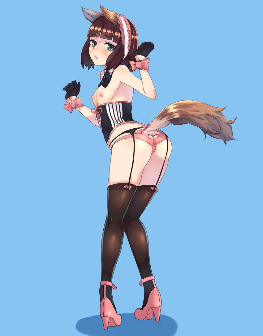 animal_ears ass bad_id bad_pixiv_id bangs black_legwear blue_background blue_eyes blunt_bangs blush brown_hair butt_crack corset detached_collar dog_ears dog_tail flat_chest garter_belt gloves heart_cutout high_heels highres kyuuso_inukami looking_back lowleg lowleg_panties nipples original panties pink_panties ribbon short_hair simple_background solo tail tail_slit_clothes thighhighs underwear