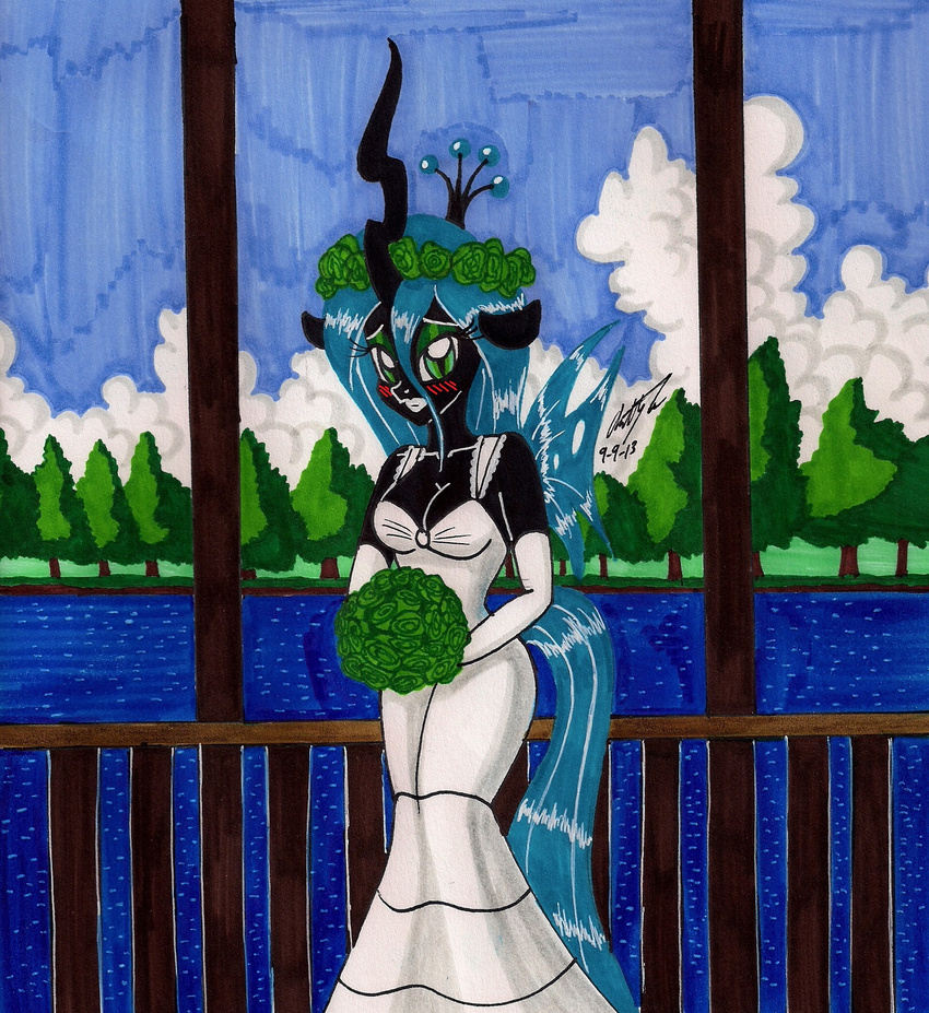 anthro anthrofied blush bouquet cat_eyes changeling elbow_gloves eyeshadow female flower friendship_is_magic gloves grass green_eyes green_hair hair holes horn lake long_hair looking_at_viewer makeup my_little_pony newyorkx3 outside queen_chrysalis_(mlp) slit_pupils solo sparkles standing tree water wedding_dress wings