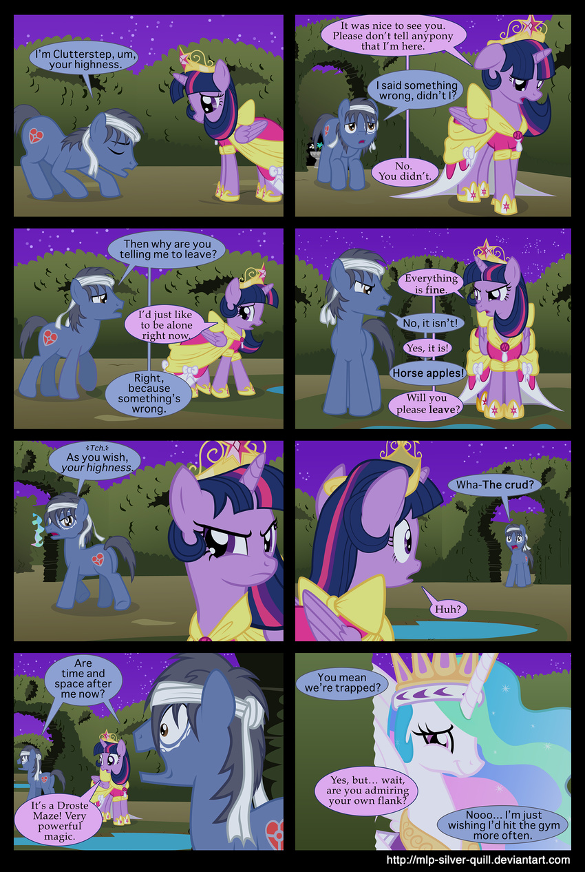 bandage brown_eyes bush comic crown cutie_mark dialog dress english_text equine female feral friendship_is_magic gold hair horn horse male mammal maze mlp-silver-quill multi-colored_hair my_little_pony necklace original_character pony princess_celestia_(mlp) purple_eyes text twilight_sparkle_(mlp) water winged_unicorn wings