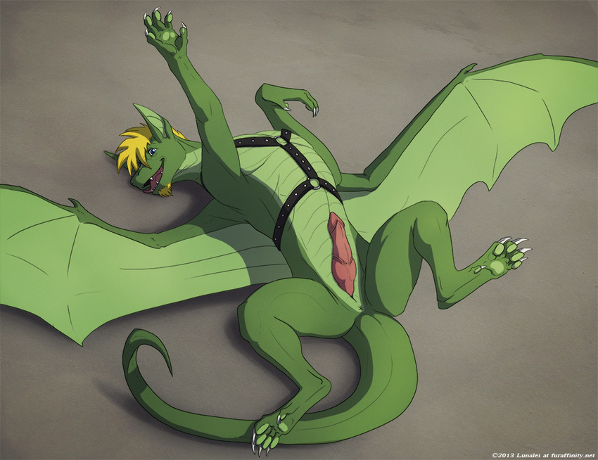 4_toes anus blonde_hair blue-eyes blue_eyes claws cloaca digitigrade dragon erection feral green_dragon green_skin hair hindpaw knot know luketh lunalei lying male nude on_back open_mouth pawpads paws penis plain_background scalie smile soles solo spread_legs spreading tongue