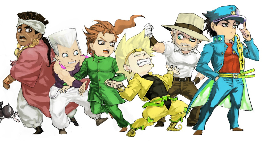 chibi dark_skin dark_skinned_male dio_brando dog iggy_(jojo) jean_pierre_polnareff jojo_no_kimyou_na_bouken joseph_joestar ka_du kakyouin_noriaki kuujou_joutarou mohammed_avdol multiple_boys