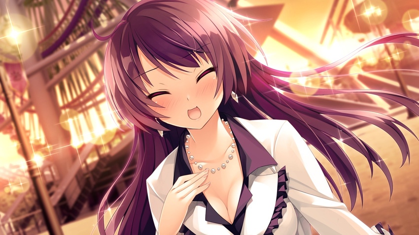 1girl blush breasts cleavage eyes_closed fujita_konomi game_cg jewelry koi_saku_miyako_ni_ai_no_yakusoku_wo_~annaffiare~ long_hair natsume_eri necklace purple_hair