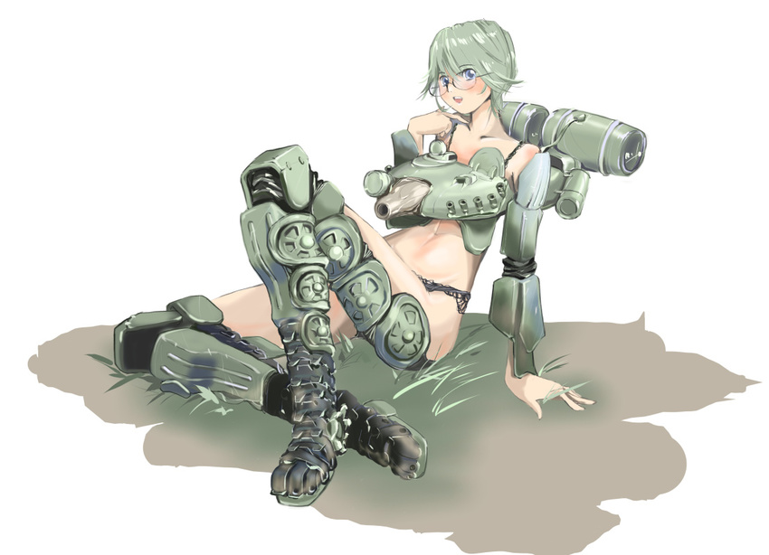 arm_support armor blue_eyes bra cannon glasses grass green_hair mecha_musume nano open_mouth original panties personification short_hair sitting solo t-72_(personification) teeth underwear weapon